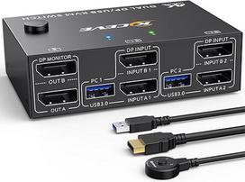 8K@30Hz 4K@144Hz KVM jungiklis 2 kompiuteriams 2 monitoriams, "Displayport" dviejų monitorių KVM jungiklis su 4 USB 3.0 įrenginiais, DP + USB kabelis ir belaidis nuotolinio valdymo pultas