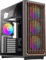 GAMEMAX F45 Mid-Tower juodos spalvos ATX kompiuterio korpusas, medinė priekinė dalis, 4 x ARGB PWM ventiliatoriai su "Aura Sync", suderinama su BTF pagrindine plokšte, stiklinė šoninė panelė, žaidimų kompiuterio korpusas