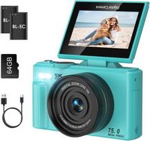 SOPPY 5K skaitmeninis fotoaparatas Foto kamera 75MP Vlogging kamera 3.0 colių 180° apverčiamas ekranas Kompaktiškas fotoaparatas su 64GB atminties kortele, 18x skaitmeninis priartinimas, mini skaitmeninis fotoaparatas berniukams mergaitėms pradedantiesiem