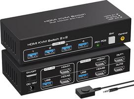VPFET 4K120Hz HDMI KVM jungiklis 2 kompiuteriams 2 monitoriams 8K60Hz KVM jungikliai HDMI 2 kompiuteriams 2 monitoriams su 4 USB 3.0 prievadais Palaiko kopijavimą ir išplėstinį rodymą bei darbalaukio valdymą