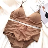 Prancūziškas trikampio formos liemenėlės rinkinys Patogus besiūlis moteriškas apatinis trikotažas Sexy Deep V Push Up liemenėlė ir kelnaičių komplektas apatinis trikotažas be nugaros S balta