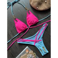 „Halter Mini Micro Thong High Cut Bikini Moteriškas maudymosi kostiumėlis Moteriški maudymosi kostiumėliai Dviejų dalių bikinio rinkinys maudymosi kostiumėlis maudymosi moteriai S rožinė/mėlyna