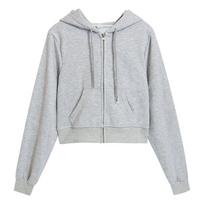 Women's Navy Blue Cropped Zip Up Hoodie Long Sleeve Casual Hooded Jacket L pilka spalva