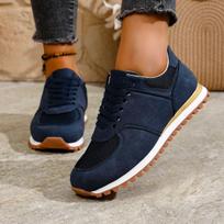 Women's Wide Width Platform Cortez Sneakers - Retro German Army Trainer Inspired Shoes with Round Toe & Lace-Up, Chunky Sole Casual Sneakers for Fall 36 tamsiai mėlyna