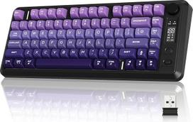 FREEWOLF M75 Dviejų režimų belaidė klaviatūra, "Bluetooth" + 2.4G, mygtukų valdymas ir ekranas, 82 kompaktiški PBT gradientiniai klavišai, vaivorykštinė šviesa, nekonfliktiški pilni klavišai "Mac" / "Win", violetinės spalvos