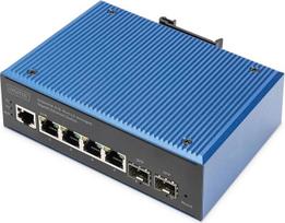 DIGITUS tinklo komutatorius - 6 prievadų "Gigabit Ethernet" - 4X RJ45 + 2x SFP - IP40 - L2 valdomas - 10/100/1000Mbit/s - montuojamas ant DIN bėgio - pramoninės serijos - juodas/mėlynas