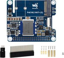 PCIe į M.2 su PoE Ethernet maitinimo šaltiniu HAT, skirtas Raspberry Pi 5, palaiko NVMe protokolo M.2 kietąjį diską 2230/2242 dydžio, IEEE 802.3af/at PoE tinklo standartas, 5V 5A srovės išėjimas