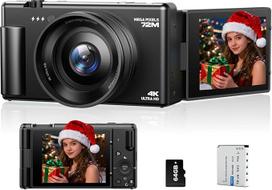 Skaitmeninis fotoaparatas 4K, 72 MP fotokamera 18X skaitmeninis priartinimas Automatinis fokusavimas Vlogging kamera "YouTube", 2,8 colio 270° sulankstomas ekranas Skaitmeninis fotoaparatas su 64GB kortele ir baterija pradedantiesiems paaugliams paauglia
