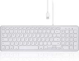 "Perixx PERIBOARD-213W DE" laidinė kompaktiška USB klaviatūra su tyliais žirklinės konstrukcijos klavišais, skirta kompiuteriui, skaitmeninei klaviatūrai, nešiojamajam kompiuteriui ir planšetiniam kompiuteriui, balta, QWERTZ
