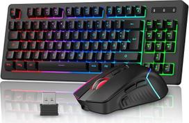 Belaidis žaidimų klaviatūros ir pelės rinkinys, vokiško išdėstymo QWERTZ 75% TKL RGB apšvietimas, įkraunama ergonominė žaidimų pelė, kompaktiška klaviatūra PC, Mac, Xbox, PS5
