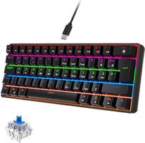 60 % Mechaninė žaidimų klaviatūra QWERTZ (DE išdėstymas), 62 klavišai, mėlynos spalvos jungikliai, RGB apšvietimas, apsauga nuo dvasių, laidinė, itin kompaktiška, kompaktiška žaidimams - juoda