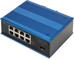 DIGITUS PoE tinklo komutatorius - 9 prievadų Gigabit Ethernet - 8X RJ45 + 1x SFP prievadas - nevaldomas - 10/100/1000Mbps - DIN bėgeliai ir tvirtinimas prie sienos - IP40 - pramoninės serijos - mėlynas