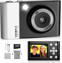 Skaitmeninis fotoaparatas 4K 64MP FHD Fotoaparatas vaikams, 18 kartų skaitmeninio priartinimo kompaktiškas fotoaparatas su 2,4 colių ekranu, apsauga nuo drebėjimo, LED blykstė, 32GB SD kortelė, fotoaparatas vaikams, paaugliams, pradedantiesiems, juodas