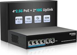 6 prievadų 2.5Gb PoE komutatorius be valdymo su 4 prievadais 2.5G Base-T PoE+@56W + 2 x 10G RJ45 Uplink, NICGIGA 6 prievadų 2.5Gbe IEEE802.3af/at maitinimo per Ethernet komutatorius, palaiko WiFi6 AP, NAS, 4K PoE kamerą NVR.