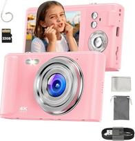 Skaitmeninis fotoaparatas 4K 48MP - Skaitmeninis fotoaparatas su 16 kartų skaitmeniniu priartinimu vaikams - Automatinio fokusavimo kompaktiškas mini fotoaparatas su 32GB kortele - Fotoaparatas su 1000 mAh akumuliatoriumi - Skaitmeninis fotoaparatas roži