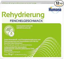 "Humana Rehydration Fennel" (12 maišelių) - elektrolitų milteliai geriamajai rehidratacijai viduriavimo ir vėmimo atvejais - tinka nuo gimimo - be glitimo - su pankolių skoniu