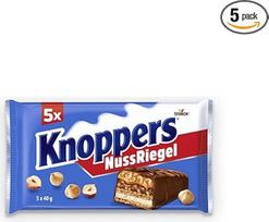 "Knoppers" riešutų batonėlis - 1 x 200 g (5 batonėliai) - Šokoladinis batonėlis su pieno ir Nugato grietinėle, lazdyno riešutais, karamele ir pieniniu šokoladu