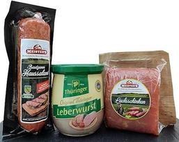 "Oberlausitz" dešrų paketas | Dovanų krepšelis Elegantiškas saliamis ir rūkytas kumpis viename gabale | Mėsos ir dešrų krepšelis su mėsos dešra stiklinėje Originali Tiuringijos dešra | Galima įsigyti kaip dovanų krepšelį