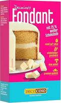 DECOCINO Šokoladinis fondantas, su 25 % baltojo šokolado, be palmių aliejaus, atsparus plyšimui ir stabilus ant grietinėlės, idealus kepimo dekoras tortams puošti