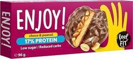 Jauskitės FIT ENJOY! Choco & Peanut, baltyminiai sausainiai su žemės riešutų kremu ir žemės riešutais pieniniame šokolade be pridėtinio cukraus, mažai angliavandenių ir Keto tinkami saldumynai, sausainiai diabetikams, baltyminiai užkandžiai, 96 g