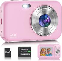 Skaitmeninė kamera, Fotoaparatas su 32GB kortele, 44MP 1080P HD Kinderkamera mit 16X Digitalzoom Kompaktkamera, Wiederaufladbare Fotoapparat mit Akku, Kamera für Kinder, Teenager, Anfänger (Rosa)