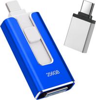 USB atmintinė iPhone 256GB, [MFi Certified] 4-in-1 USB atmintinė Lightning Stick iPhone, suderinama su iOS/Android/PC, USB 3.0 【Be programėlės】, skirta atsarginėms nuotraukų ir vaizdo įrašų kopijoms kurti, mėlyna