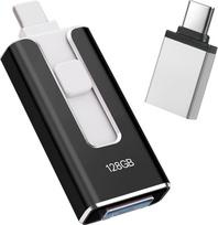 USB atmintinė iPhone 128GB, [MFi Certified] "4-in-1" USB atmintinė "Lightning Stick" iPhone, suderinama su iOS/Android/PC, USB 3.0 【be programėlės】nuotraukų ir vaizdo įrašų atsarginėms kopijoms, juoda