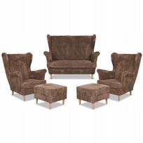 Bonito sofų komplektas su foteliais ir pufais Family Furniture rudos spalvos velvetas