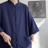 Vyriški japoniško stiliaus retro medvilnės ir lino marškiniai, vasariniai penkių taškų rankovėmis, didelio dydžio, kinų nacionalinės tendencijos L fits 115-130 jin tamsiai mėlyna spalva
