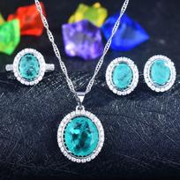 925 sterlingų sidabro papuošalų rinkinys Paraiba turmalino brangakmenių karoliai / auskarai / žiedas ovalūs vestuvinių papuošalų rinkiniai dailūs papuošalai 45cm sidabras