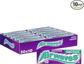 "Airwaves" kramtomoji guma be cukraus, "Cool Cassis" kramtomoji guma, 30 x 10 dražė, didmeninė kramtomosios gumos pakuotė, su natūraliu mentoliu, kramtomoji guma be cukraus, su mėtų gaiva (300 dražė)