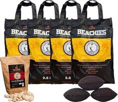 "Beachies" 10 kg (4 x 2,5 kg) kokosų grilio briketų - gryni kokosų lukštai - profesionali kokybė - mažai dūmų, karšti ir greiti | trumpiems griliams + 800 g uždegimo vatos