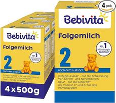 "Bebivita 2" kontrolinis pienas (4 x 500 g), po 6 mėnesio, su vitaminais C ir D, omega-3 (DHA), tinkamai sotinantis pagal amžių.