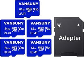 "Vansuny" Micro SD kortelė 64GB, 5 atminties kortelių pakuotė microSDXC su SD adapteriu iki 90MB/s (UHS-I, U3, V30, A1, 10 klasė), skirta 4K UHD vaizdo įrašams, suderinama su išmaniaisiais telefonais, fotoaparatais, planšetiniais kompiuteriais, "GoPro