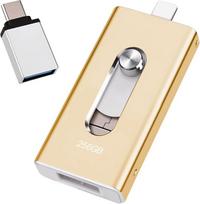 USB atmintinė iPhone 256GB, [MFi Certified] 4-in-1 atmintinė iPhone nuotraukoms, vaizdo įrašams, perkėlimui ir atsarginiam kopijavimui, 【be programėlės】 iPhone išorinei saugyklai, suderinama su iOS/Android/PC/Mac, auksinė
