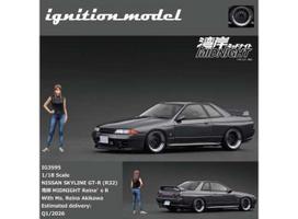 PRE-ORD3R Ignition Modeliukas 1/18 Nissan Skyline GT-R (R32) *MIDNIGHT Reina's R*with Ms.Reina Akikawa figurine, gun metallic