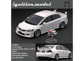 PRE-ORD3R Ignition Modeliukas 1/18 Honda Civic (FD2) Type R with K20A engine, white