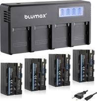 "Blumax" 4 x baterija NP-F750 / NP-F550-4400 mAh + LCD 4 kanalų greitasis įkroviklis, suderinamas su "Sony" NP-F570 NP-F960, skirta blykstėms Vaizdo lempos Lauko monitoriai