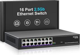 16 prievadų 2.5Gb Ethernet komutatorius, nevaldomas, NICGIGA 16 prievadų 2.5G tinklo komutatorius, "Plug & Play", montuojamas staliniame kompiuteryje arba 19 colių stove, metalinis dizainas be ventiliatoriaus.