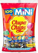 "Chupa Chups Mini Classic Lollipop" maišeliai, kuriuose yra 100 mini saldainių, kolos, apelsinų, braškių, obuolių ir vyšnių - tinka gimtadieniui - 100 x 6 g
