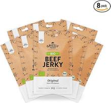 "Grizzly Foods" - Ekologiški jautienos džiūvėsiai "Beef Jerky Original" (8 x 30 g) - ekologiška džiovinta mėsa be priedų - daug baltymų turintis užkandis - idealiai tinka keliaujant, biure, sportuojant