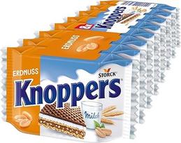 "Knoppers Peanut" - 1 x 200 g - vaflių riekelės su žemės riešutų kremu, smulkiais sūdytais žemės riešutų gabalėliais ir gardžiu pieno kremu