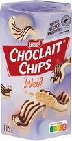 "Nestlé CHOCLAIT CHIPS White", gardūs traškūs migdolų skonio traškučiai, aplieti baltuoju šokoladu ir apiberti dekoratyvinėmis juostelėmis iš pieninio šokolado, pakuotė po 1 (1 x 115 g)