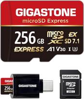 GIGASTONE 256GB microSD Express + USB-C kortelių skaitytuvas + SD adapteris, iki 880/650MB/s, MicroSDXC Express atminties kortelė SD 7.1, suderinama su "Nintendo Switch 2", profesionaliu fotoaparatu, A1 V30 U3 UHS-I