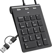 Laidinė USB C ir USBA "Numpad" - skaičių klaviatūra su 3 USB 2.0 šakotuvu, 18 klavišų skaitmeninė klaviatūra nešiojamajam kompiuteriui / staliniam kompiuteriui / "iPad", 15° ergonominė skaitmeninė klaviatūra "Windows" / "MacOS" / "Chrome OS", juoda