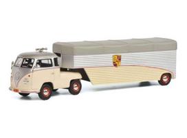 PRE-ORD3R Schuco Modeliukas 1/64 Volkswagen T1 Renntransport Continental Motors Porsche *resin series*, beige/silver