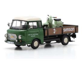 PRE-ORD3R Schuco Modeliukas 1/43 Barkas B1000 with Simson Schwalbe, *Simson Service*, green/brown