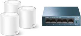 "TP-Link Deco X50 Mesh WLAN" rinkinys (3 pakuotės), "Wi-Fi 6 AX3000" dviejų dažnių maršrutizatorius ir kartotuvas bei LS105G 5 prievadų gigabitinio tinklo komutatorius