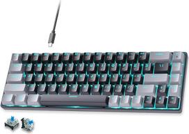 abucow 60 % mechaninė žaidimų klaviatūra, laidinė kompaktiška klaviatūra su mėlynu apšvietimu, mėlynais jungikliais ir keičiamais pilkais/juodais klavišais (pilka/juoda)