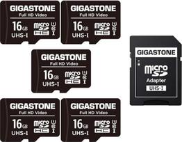 GIGASTONE 16GB MicroSDHC atminties kortelė, 5 vnt. + SD adapteris veiksmo kamerai, "GoPro", dronui ir planšetiniam kompiuteriui, iki 85MB/s, Full HD vaizdo įrašymas, Micro SD kortelė UHS-I Class 10 U1